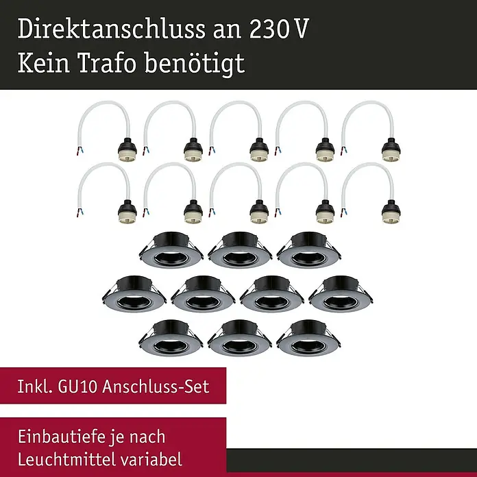 Paulmann Einbauleuchte - 9 cm, Schwarz, 10 Stk., Starr - Abbildung eines Sets von 10 GU10 Einbaustrahlern, Direktanschluss an 230V ohne Trafo, ideal für die Deckenbeleuchtung.