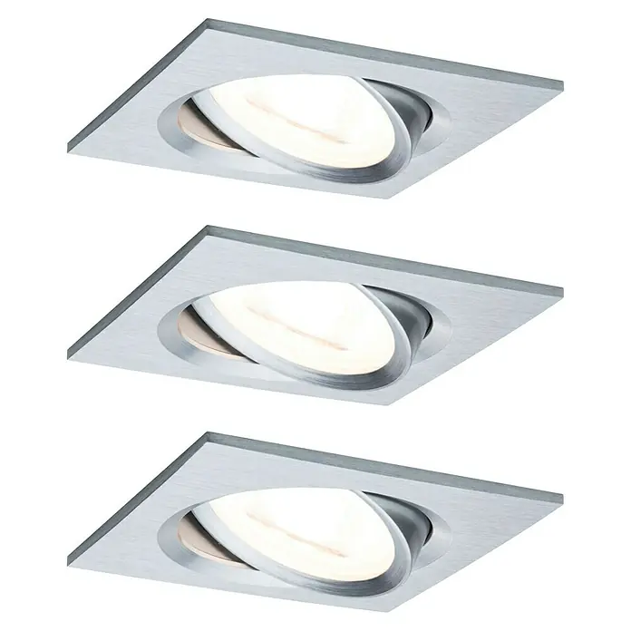 Paulmann Nova LED-Einbauleuchten-Set Coin - L x B x H: 8,4 x 8,4 x 4,5 cm, Alu gedreht, 3 Stk., Warmweiß, Nicht Dimmbar - Drei quadratische Einbaustrahler mit verstellbaren, ovalen Lichtquellen. Die Strahler sind in einem gebürsteten Silberton gehalten und beleuchten.