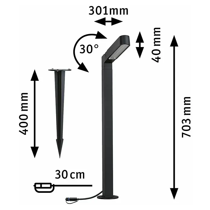 Paulmann Plug & Shine LED-Gartenspot Ito vertikal - 7,5 W, Warmweiß, L x B x H: 30 x 4,7 x 110 cm - Abbildung einer Gartenleuchte mit Maßen. Die Leuchte ist schwarz und hat eine Höhe von 703 mm. Der Lampenkopf ist 301 mm breit.