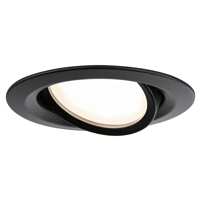 Paulmann Nova LED-Einbauleuchten-Set rund Coin - 6 W, Ø x H: 8,4 x 4,5 cm, Schwarz, 3 Stk., Warmweiß - Nahaufnahme einer stilvollen, runden, schwarzen LED-Einbauleuchte mit verstellbarem Lichtelement, ideal für modernes Wohnambiente.