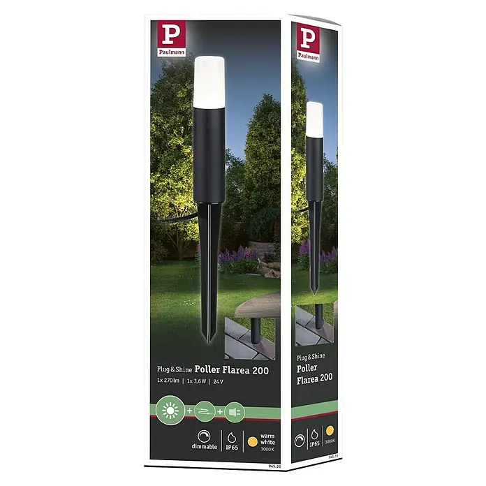 Paulmann Plug & Shine LED-Wegeleuchte Flarea - Schwarz, Höhe: 20 cm, Warmweiß - Das Bild zeigt eine Paulmann Plug & Shine Pollerleuchte Flarea 200. Die Leuchte ist schwarz und hat einen weißen Diffusor.