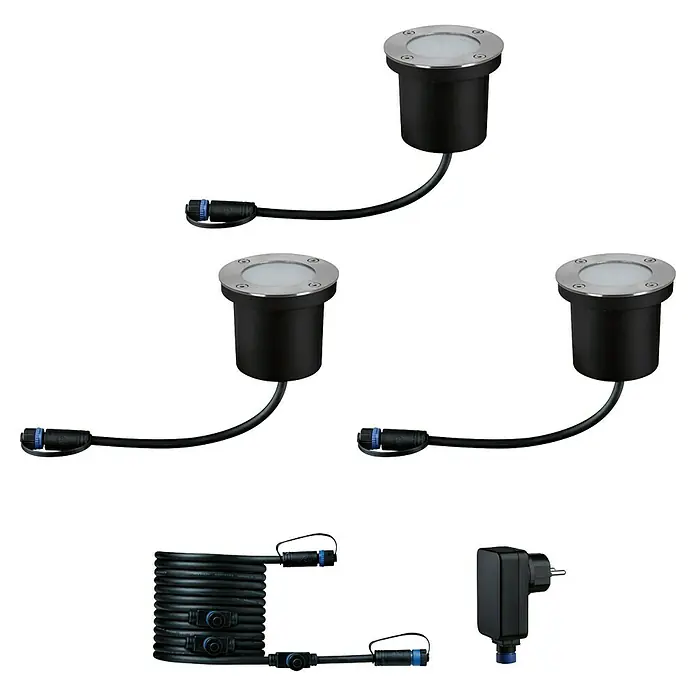 Paulmann Plug & Shine Basis-Set Floor insektenfreundlich - Anthrazit, IP67, Durchmesser: 9,8 cm, 3 Stk. - Aufnahme von drei Bodeneinbauleuchten, die mit Kabeln und einem Transformator verbunden sind. Ideal für die Garten- und Landschaftsgestaltung.