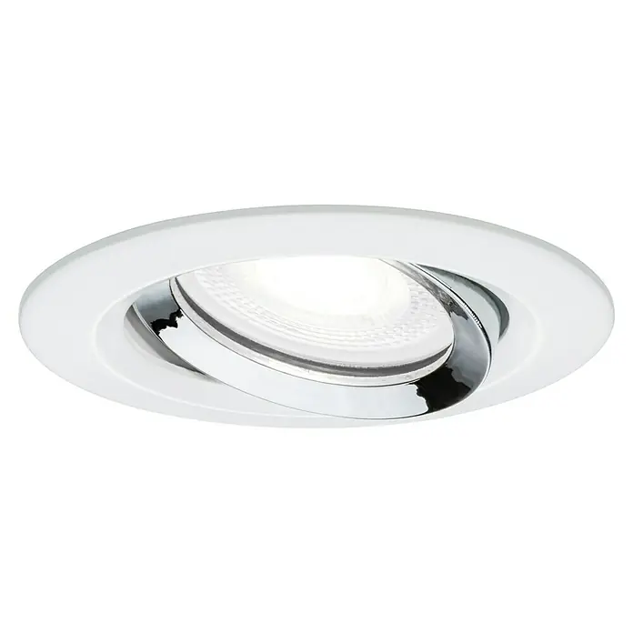 Paulmann Nova LED-Einbauleuchte rund Plus - 6 W, Ø x H: 9,3 x 9,5 cm, Neutralweiß, 1 Stk. - Eine Nahaufnahme einer weißen LED-Einbauleuchte mit einem verstellbaren, chromfarbenen Innenring, die ein helles, weißes Licht ausstrahlt.