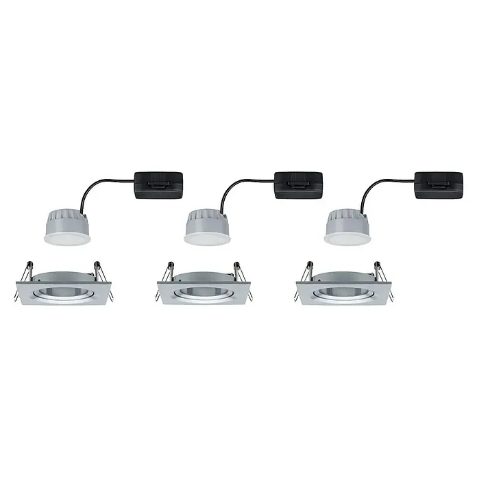 Paulmann Nova LED-Einbauleuchten-Set Coin - L x B x H: 8,4 x 8,4 x 4,5 cm, Alu gedreht, 3 Stk., Warmweiß, Dimmbar - LED-Deckeneinbaustrahler-Set mit schwarzem Adapter und quadratischer Blende aus Aluminium für moderne Beleuchtung.