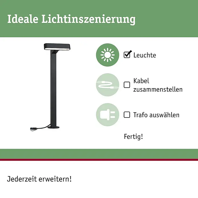 Paulmann Plug & Shine LED-Gartenspot Ito - 7,5 W, Warmweiß, L x B x H: 18,8 x 2,7 x 110 cm - Grafik zur idealen Lichtinszenierung mit einer Gartenleuchte, Kabelauswahl und Trafoauswahl. Fertig zur Erweiterung.