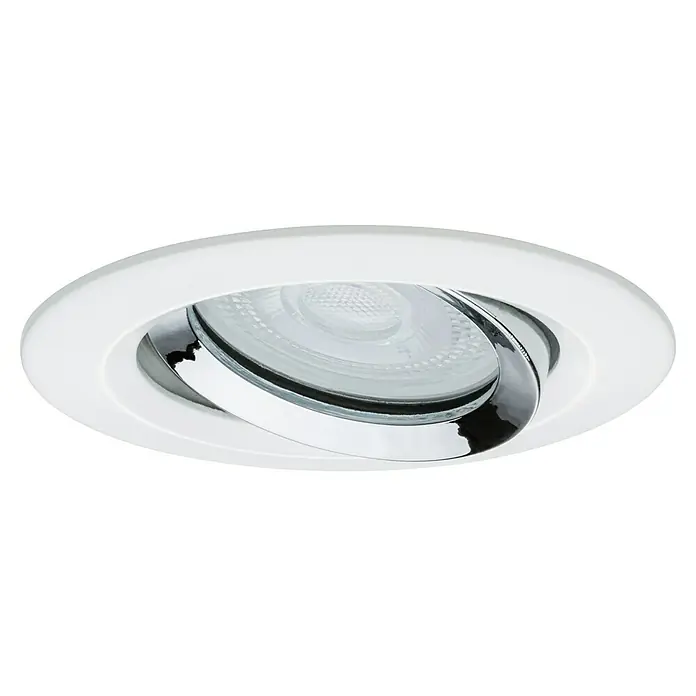 Paulmann Nova LED-Einbauleuchte rund Plus - 6 W, Ø x H: 9,3 x 9,5 cm, Neutralweiß, 1 Stk. - Eine Nahaufnahme einer weißen, runden Deckenleuchte mit einem drehbaren, silberfarbenen Einsatz für fokussiertes Licht.