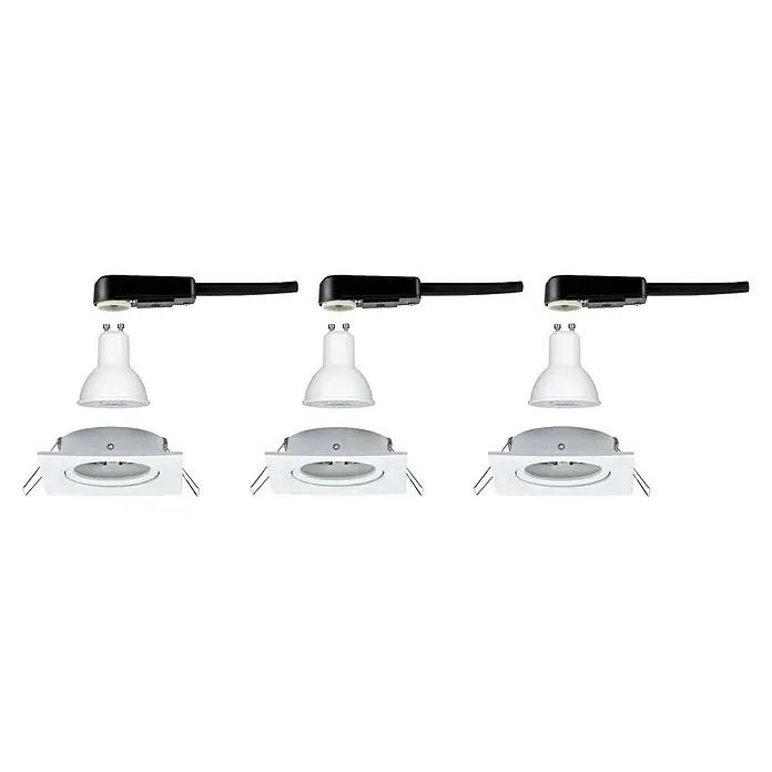 Paulmann Nova LED-Einbauleuchten-Set - L x B x H: 8,4 x 8,4 x 9 cm, 3 Stk., Warmweiß, Weiß matt - Die Aufnahme zeigt ein Beleuchtungssystem mit drei weißen Strahlern, die an einer schwarzen Schiene befestigt sind und nach unten gerichtet sind.