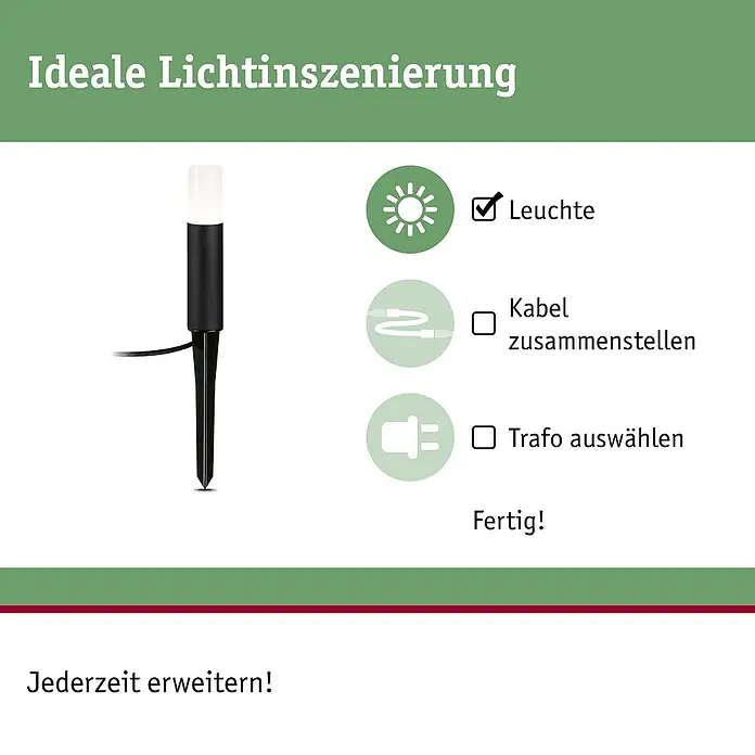 Paulmann Plug & Shine LED-Wegeleuchte Flarea - Schwarz, Höhe: 20 cm, Warmweiß - Bild einer Gartenleuchte mit Anleitung zur Installation: Leuchte, Kabel zusammenstellen, Trafo auswählen, fertig!