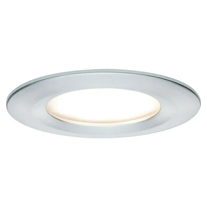 Paulmann Nova LED-Einbauleuchten-Set rund Plus Coin - Ø x H: 7,8 x 4,5 cm, Alu, 3 Stk., Warmweiß - Nahaufnahme einer runden LED-Deckenleuchte mit silbernem Rahmen, die helles, warmes Licht abstrahlt. Ideal für moderne Innenräume.