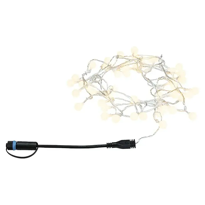 Paulmann Plug & Shine LED-Lichterkette - Außen, Lichtfarbe: Warmweiß, Anzahl Leuchtmittel: 48 Stk., Länge: 5 m - Lichterkette mit runden Lampen und einem schwarzen Kabel mit blauem Verschluss, ideal für Dekorationen und stimmungsvolle Beleuchtung.