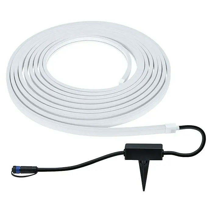 Paulmann Plug & Shine LED-Band Smooth Stripe - Länge: 10 m, RGBW, 1.400 lm, 24 V - Nahaufnahme eines flexiblen LED-Neonbandes in Weiß, zusammengerollt und mit schwarzem Zubehör verbunden, vor einem schwarzen Hintergrund.