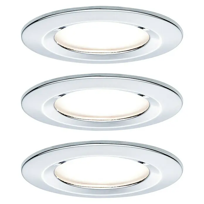 Paulmann Nova LED-Einbauleuchten-Set rund Coin - 3 W, Chrom, 3 Stk., Warmweiß - Nahaufnahme von drei LED-Einbaustrahlern mit Chromfassung und warmweißem Licht.