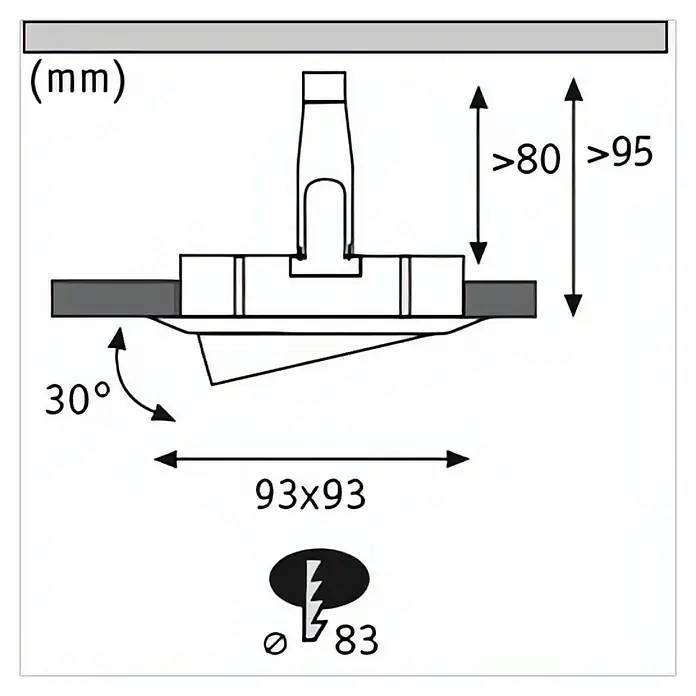 Paulmann Nova LED-Einbauleuchte Plus - 6 W, L x B x H: 9,3 x 9,3 x 9,3 cm, Neutralweiß - Eine technische Zeichnung einer Deckenleuchte mit Maßangaben. Die Maße sind in Millimetern angegeben und zeigen die Abmessungen.