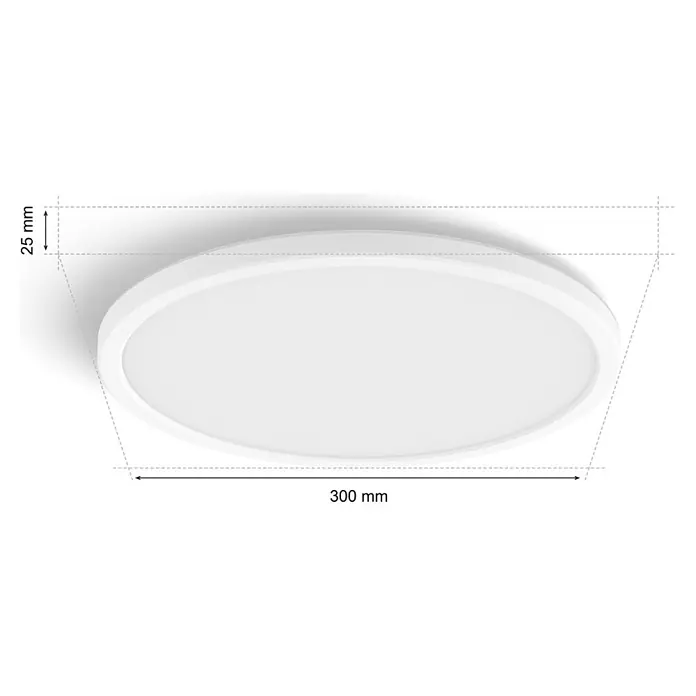Philips Hue LED-Panel rund White Tento S - 16,6 W, Ø x H: 29,1 x 3,2 cm, Weiß, Warmweiß - Detailansicht einer runden, weißen Deckenleuchte mit den Maßen 300 mm Durchmesser und 25 mm Höhe zur Illustration der Produktabmessungen.