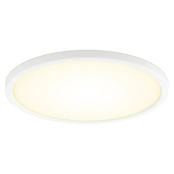Philips Hue LED-Panel rund White Tento S - 16,6 W, Ø x H: 29,1 x 3,2 cm, Weiß, Warmweiß - Nahaufnahme einer weißen, runden Deckenleuchte, die ein warmes, einladendes Licht ausstrahlt. Die Leuchte ist schlicht und modern.