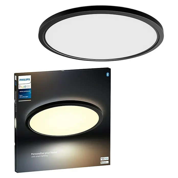 Philips Hue LED-Panel rund White Ambiance Tento XL - 25 W, Ø x H: 54,2 x 3,56 cm, Schwarz, Kaltweiß - Abbildung der Philips Hue Tecto Slim Deckenleuchte in Weiß Ambiente, sowohl einzeln als auch in der Verpackung.