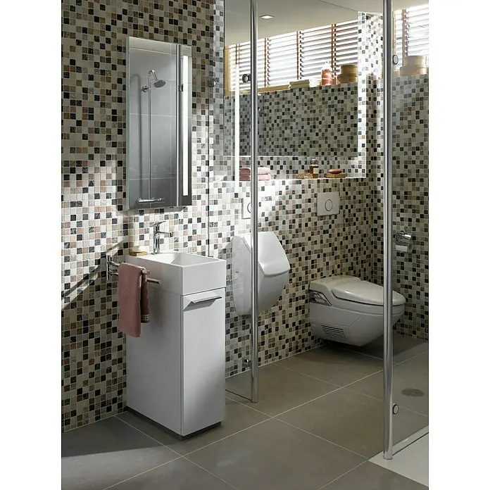 Mosaikfliese Quadrat Mix MOS 32/RND - 30,5 x 30,5 cm, Beige/Rot/Grün, Matt - Modernes Badezimmer mit Mosaikfliesen und minimalistischem Waschbecken mit Unterschrank. Die spiegelglatte Oberfläche verstärkt das Raumgefühl.