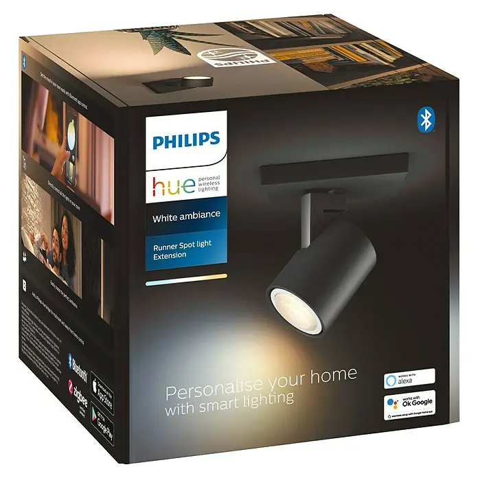 Philips Hue LED-Deckenstrahler White Ambience Runner Erweiterung - 4,2 W, L x B x H: 9 x 11 x 10,7 cm, Schwarz, Mehrfarbig - Abbildung der Verpackung für die Philips Hue White Ambiance Runner Spot Light Extension, die smarte Beleuchtungslösungen für Ihr Zuhause bietet.