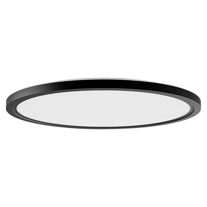 Philips Hue LED-Panel rund White Ambiance Tento XL - 25 W, Ø x H: 54,2 x 3,56 cm, Schwarz, Kaltweiß - Nahaufnahme einer runden Deckenleuchte mit schwarzem Rand und weißem Diffusor, die ein modernes und elegantes Design zeigt.