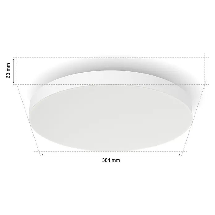 Philips LED-Deckenleuchte rund Datura - 48 W, Ø x H: 39,5 x 5 cm, Weiß, RGBW - Das Bild zeigt eine runde Deckenleuchte in Weiß mit den Maßen 384 mm Durchmesser und 63 mm Höhe.