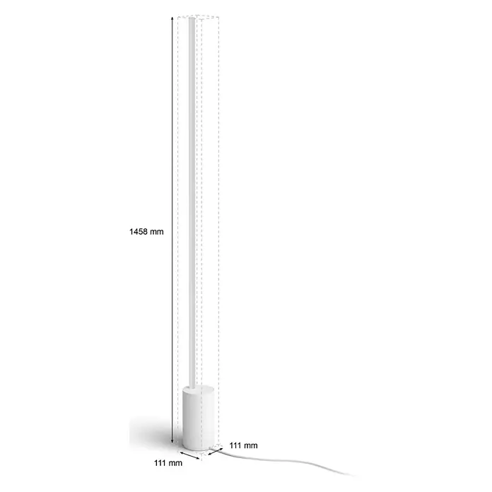 Philips Hue LED-Stehleuchte Signe - 29 W, Höhe: 145 cm, Weiß, RGBW - Abbildung einer schlanken, modernen Stehlampe mit den Maßen 1458 mm Höhe und einer Basis von 111 mm im Quadrat.