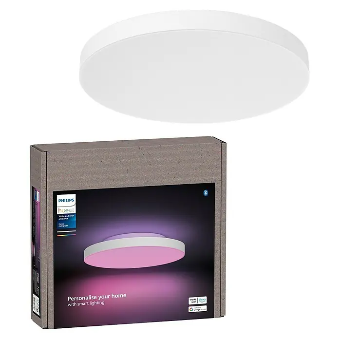 Philips LED-Deckenleuchte rund Datura - 48 W, Ø x H: 39,5 x 5 cm, Weiß, RGBW - Philips Hue LED Deckenleuchte White and Color Ambiance mit Verpackung. Smarte Beleuchtung für ein persönliches Zuhause.