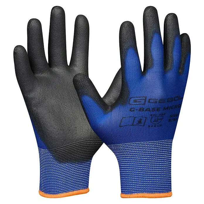 Gebol Arbeitshandschuhe G-Base Micro - Blau/Schwarz, Polyester, 10 - Paar G-Base Micro Arbeitshandschuhe mit schwarzer Handfläche und blauem Handrücken, ideal für präzise Arbeiten.