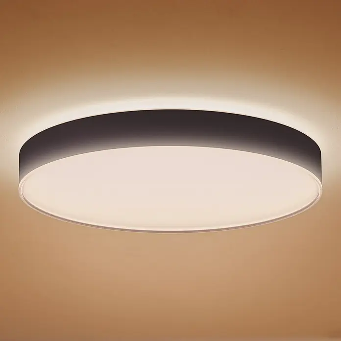 Philips Hue LED-Deckenleuchte rund White Ambience Enrave XL - 48 W, Ø x H: 55,1 x 8,4 cm, Schwarz, Kaltweiß - Nahaufnahme einer modernen, runden LED-Deckenleuchte mit einem schlichten, grauen Rahmen und hellem, diffusem Licht.