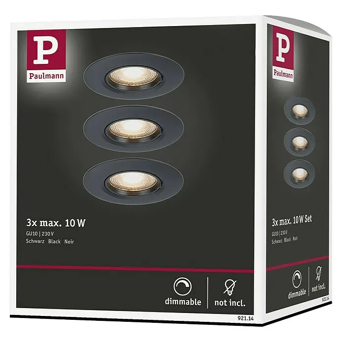 Paulmann Einbauleuchte - 9 cm, Schwarz, 3 Stk., Starr - Produktverpackung: Paulmann 3er-Set Einbaustrahler in Schwarz, dimmbar, max. 10W, GU10 Fassung, Leuchtmittel nicht inklusive.