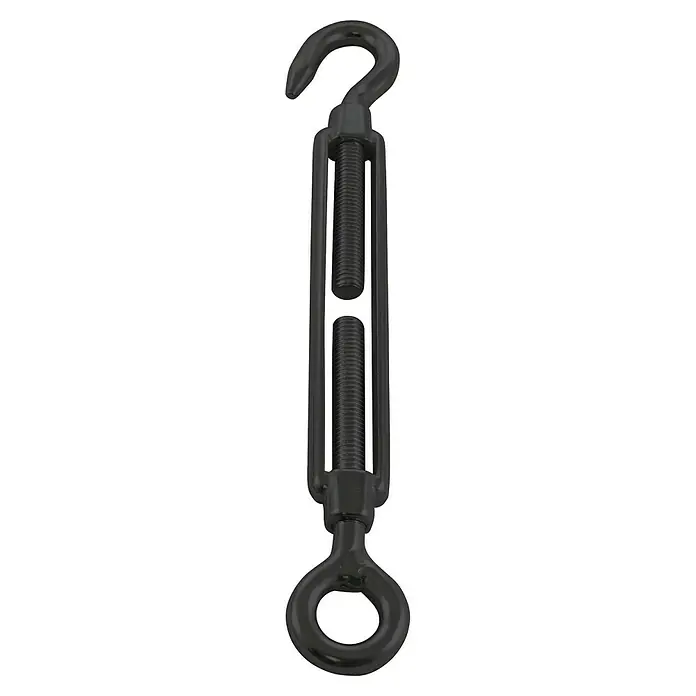 Marinetech Spannschloss Auge-Haken - Länge: 210 mm, M 6, Edelstahl, Schwarz - Nahaufnahme eines schwarzen Spannschlosses mit Haken und Ösen, ein vielseitiges Werkzeug zum Spannen von Seilen und Kabeln.