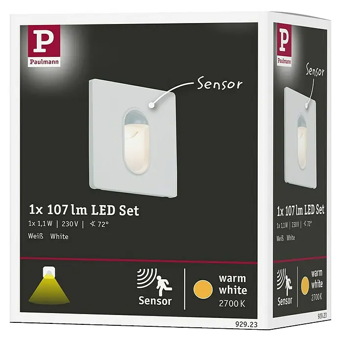 Paulmann LED-Einbauleuchte eckig - 2,7 W, Weiß, L x B: 7,8 x 7,8 cm, Eckig - Abbildung einer Paulmann LED Set-Verpackung mit Sensor, 1x 107 lm, 1x 1,1 W, 230V, 72°, warmweiß, 2700 K.