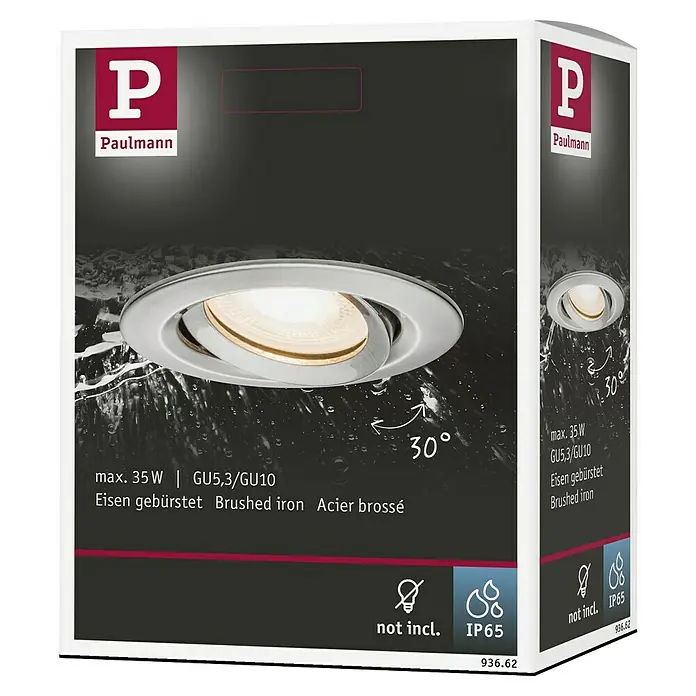 Paulmann Nova LED-Einbauleuchte rund Plus - 35 W, Ø x H: 9,3 x 4,5 cm, Eisen gebürstet - Abbildung einer Paulmann-Einbauleuchte in gebürstetem Eisen, schwenkbar um 30°, max. 35 W, geeignet für GU5,3/GU10.
