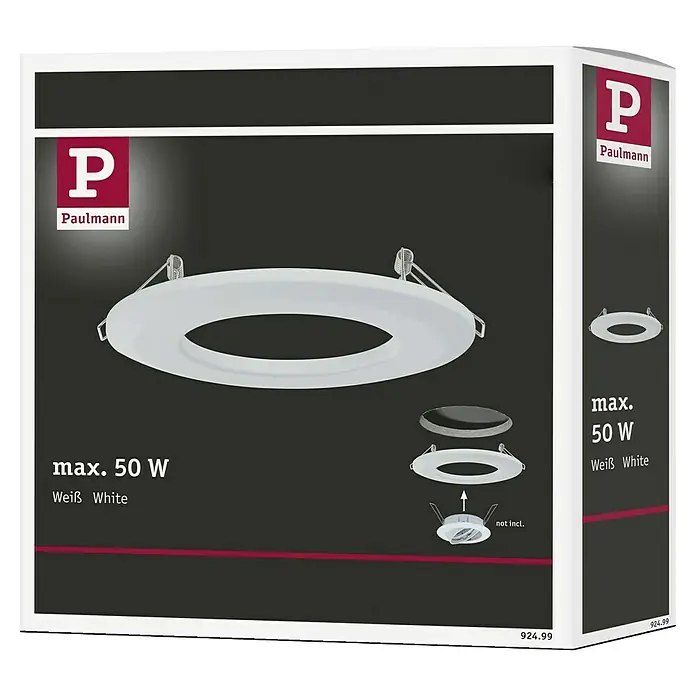 Paulmann Einbauadapter - Metall, Weiß, Durchmesser: 13 cm - Produktverpackung für einen Paulmann Einbaurahmen in Weiß, maximal 50 W, mit Produktabbildung und Herstellerlogo.