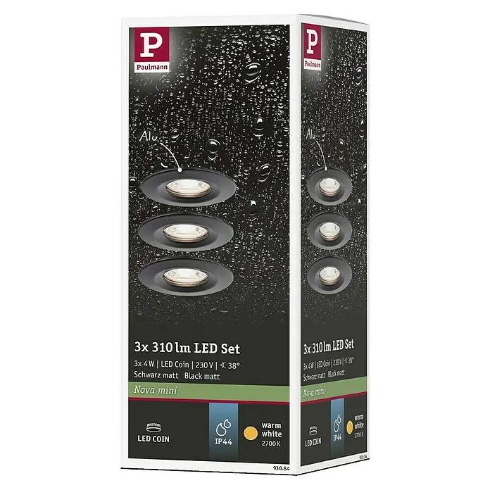 Paulmann LED-Einbauleuchten-Set rund Nova Mini Coin - 4 W, Ø x H: 6,6 x 3 cm, Schwarz, 3 Stk., Starr - Produktverpackung eines 3er Sets Paulmann Nova Mini LED-Einbaustrahler in Schwarz matt mit warmweißem Licht (2700K).