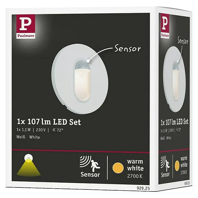 Paulmann LED-Einbauleuchte rund - 2,7 W, Weiß, L x B: 7,8 x 7,8 cm, Rund - Produktverpackung für ein Paulmann 1x 107 lm LED Set mit Sensor, das warmweißes Licht mit 2700 K erzeugt und eine Leistung von 1,1 W hat.