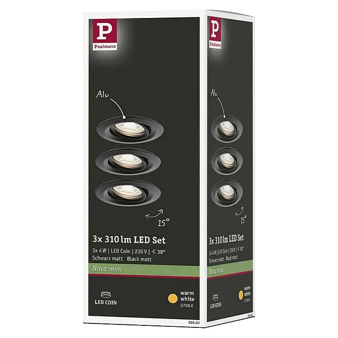 Paulmann LED-Einbauleuchten-Set rund Nova Mini Coin - 4 W, Ø x H: 6,6 x 3 cm, Schwarz, 3 Stk., Schwenkbar - Produktverpackung für ein 3er Set Paulmann Nova Mini LED Einbaustrahler, 310 Lumen, 4W, Aluminium, schwarz matt, warmweiß (2700K).
