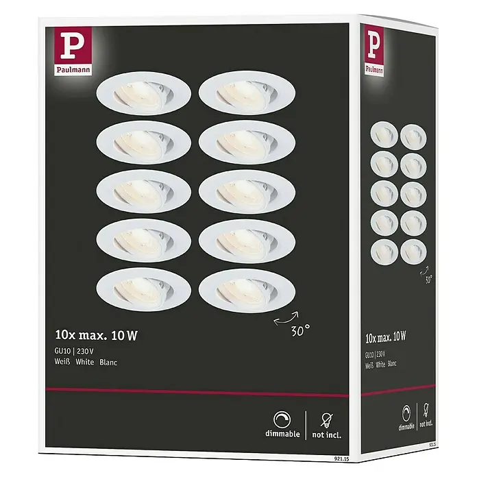 Paulmann Einbauleuchte - 10 W, 9 cm, Weiß, 10 Stk., Schwenkbar - Die Paulmann-Verpackung zeigt 10 schwenkbare, weiße GU10-Einbauspots mit einer maximalen Leistung von 10 W, dimmbar und ohne Leuchtmittel.