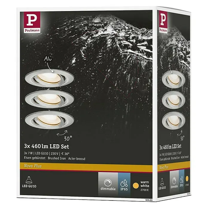 Paulmann Nova LED-Einbauleuchten-Set Coin - 7 W, Warmweiß, IP65, 3 Stk., Eisen gebürstet - Produktverpackung für ein 3er-Set Paulmann Nova Plus LED-Einbaustrahler mit gebürstetem Eisenfinish.
