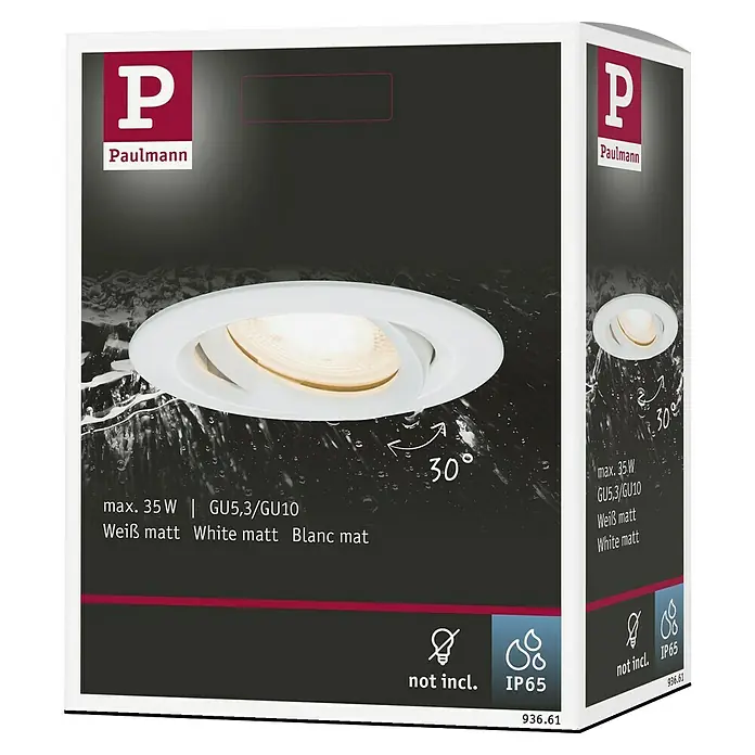 Paulmann Nova LED-Einbauleuchte rund Plus - 35 W, Ø x H: 9,3 x 4,5 cm, Weiß - Produktverpackung für einen weißen, schwenkbaren Paulmann Einbaustrahler, max. 35W, GU5,3/GU10, Schutzart IP65, ohne Leuchtmittel.