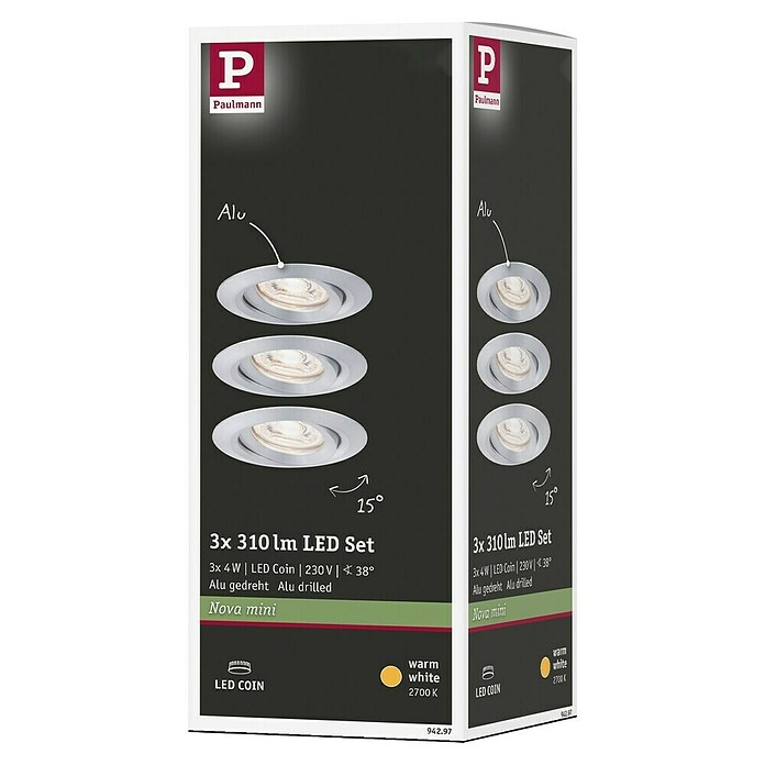 Paulmann LED-Einbauleuchten-Set (3 x 4 W, Aluminium gebürstet, Durchmesser: 6,5 cm)