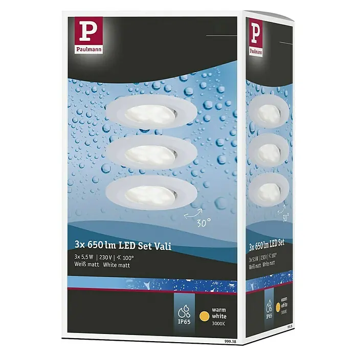 Paulmann LED-Einbauleuchten-Set - 6 W, Weiß, 3 Stk., Warmweiß - Produktverpackung für ein 3er Set Paulmann Vali LED-Einbaustrahler mit 650 lm, 5,5W, 230V, 3000K warmweißem Licht und IP65 Schutzart.