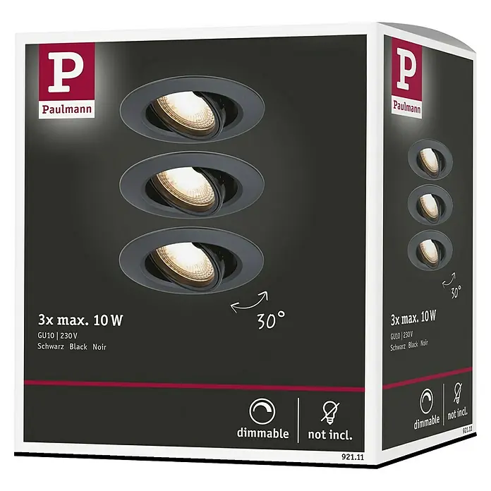 Paulmann Einbauleuchte - 10 W, 9 cm, Schwarz, 3 Stk., Schwenkbar - Verpackung mit drei schwarzen Paulmann GU10 230V Einbaustrahlern, dimmbar, maximal 10W, Leuchtmittel nicht enthalten.