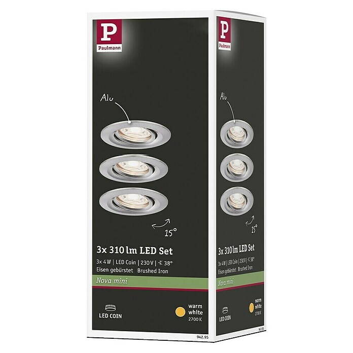 Paulmann LED-Einbauleuchten-Set (3 x 4 W, Eisen gebürstet, IP44)
