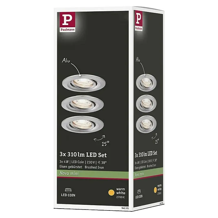 Paulmann LED-Einbauleuchten-Set Nova Mini - 12 W, Eisen gebürstet, Warmweiß, Leuchtenkopf beweglich - Produktverpackung des Paulmann Nova Mini LED-Sets mit 3 Spots in gebürstetem Eisen.