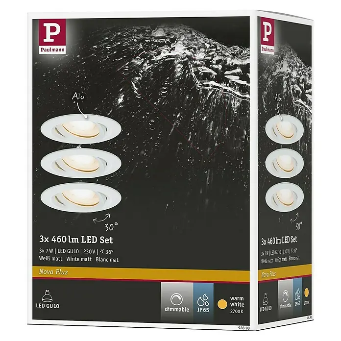 Paulmann Nova LED-Einbauleuchten-Set Coin - 7 W, Warmweiß, IP65, 3 Stk., Weiß - Produktverpackung für ein 3er Set Paulmann Nova Plus LED-Einbaustrahler mit je 460 Lumen, warmweißem Licht und IP65 Schutz.