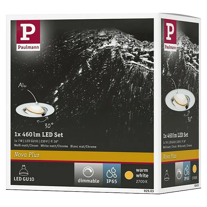 Paulmann LED-Einbauleuchte Nova - 7 W, Farbe Gehäuse: Weiß, Lichtfarbe: Warmweiß - Produktverpackung: Paulmann Nova Plus LED-Set, 1x7W, GU10, dimmbar, IP65, warmweiß (2700K), ideal für Akzentbeleuchtung.