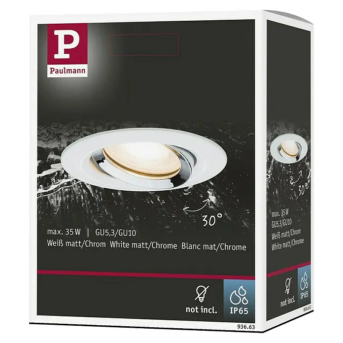 Paulmann Nova Downlight empotrable LED redondo Nova Plus - 35 W, Ø x Al: 9,3 x 4,5 cm, Blanco / Cromo - Embalaje del producto con un foco empotrable Paulmann en blanco mate/cromo, apto para bombillas GU5,3/GU10 de máx. 35W, protección IP65.