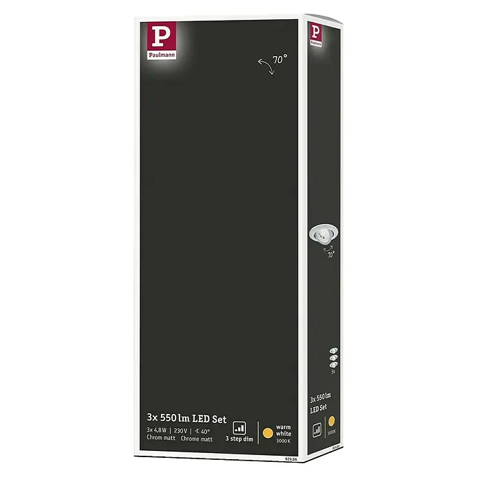 Paulmann LED-Einbauleuchten-Set - 6 W, Chrom, 3 Stk., Warmweiß, 8,2 cm - Produktverpackung für ein Paulmann 3er Set mit 550 lm LED-Einbaustrahler in Chrom matt mit warmweißem Licht (3000K) und 3-Stufen-Dimmung.