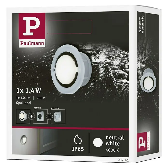 Paulmann Special Line LED-Einbauleuchte - 1,4 W, Weiß, Neutralweiß, IP65 - Verpackung der Paulmann Opal Opal Einbauleuchte, 1x1,4W, neutralweißes Licht (4000 K) und IP65-Schutz.