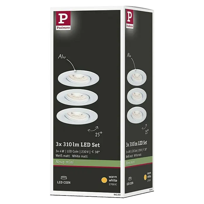 Paulmann LED-Einbauleuchten-Set Nova Mini - 12 W, Weiß, 3 Stk., Warmweiß, Leuchtenkopf beweglich - Produktverpackung Paulmann Nova mini LED-Set mit drei Leuchten, 310 Lumen, warmweiß und mattem Finish.